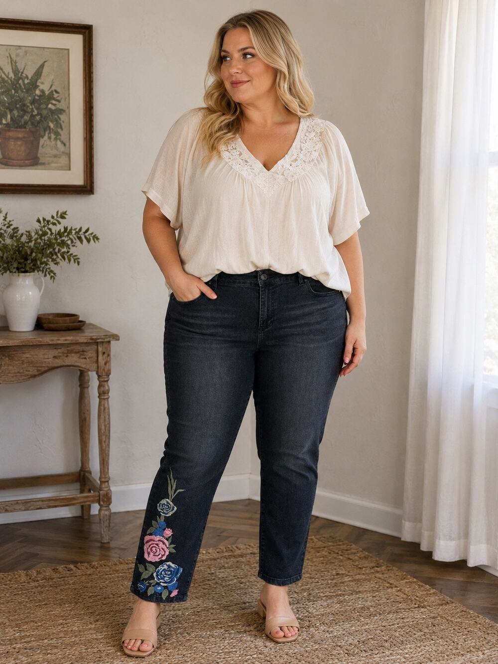Artisan NY Women’s Plus Size 18W Black Floral Embroidered Jeans Straight Leg